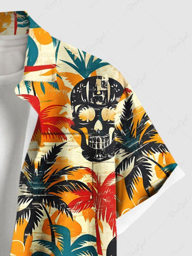 Gothic Plus Size Skull Coconut Tree Print Hawaii Button Pocket Shirt For Men