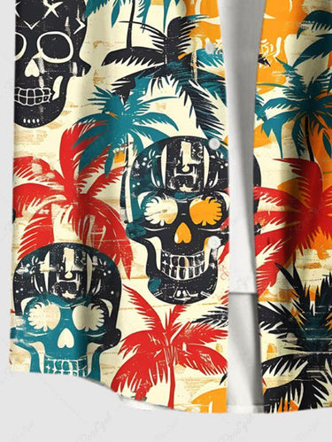 Gothic Plus Size Skull Coconut Tree Print Hawaii Button Pocket Shirt For Men