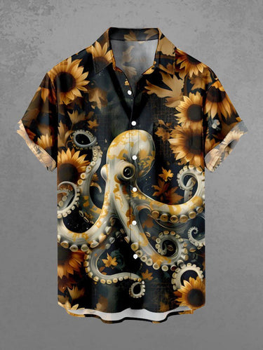 Gothic Plus Size Octopus Sunflower Print Button Pocket Shirt For Men