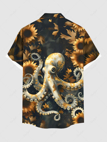 Gothic Plus Size Octopus Sunflower Print Button Pocket Shirt For Men
