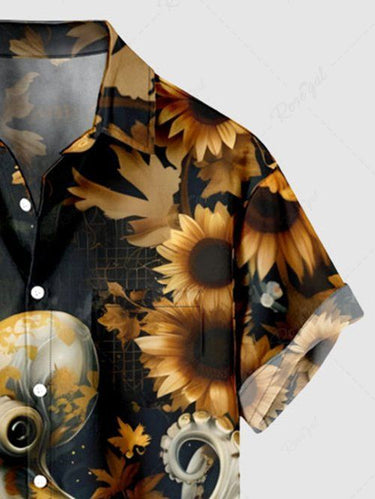 Gothic Plus Size Octopus Sunflower Print Button Pocket Shirt For Men