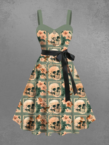 Gothic Plus Size Skull Hibiscus Flower Tropical Leaf Geometric Print Hawaii Button A Line Dress with Removable Belt