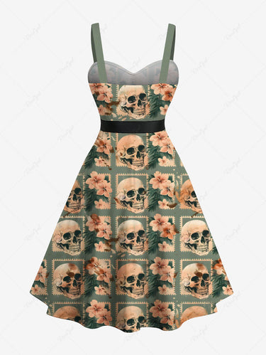 Gothic Plus Size Skull Hibiscus Flower Tropical Leaf Geometric Print Hawaii Button A Line Dress with Removable Belt