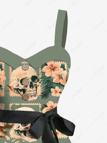 Gothic Plus Size Skull Hibiscus Flower Tropical Leaf Geometric Print Hawaii Button A Line Dress with Removable Belt