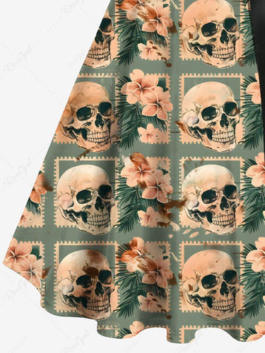 Gothic Plus Size Skull Hibiscus Flower Tropical Leaf Geometric Print Hawaii Button A Line Dress with Removable Belt