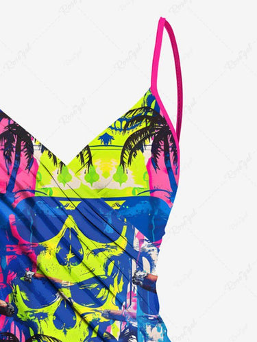 Gothic Plus Size Colorful Skull Coconut Tree Print Hawaii Convertible Beach Cover Up