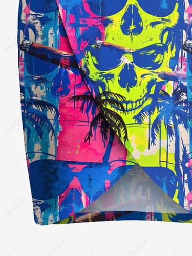 Gothic Plus Size Colorful Skull Coconut Tree Print Hawaii Convertible Beach Cover Up