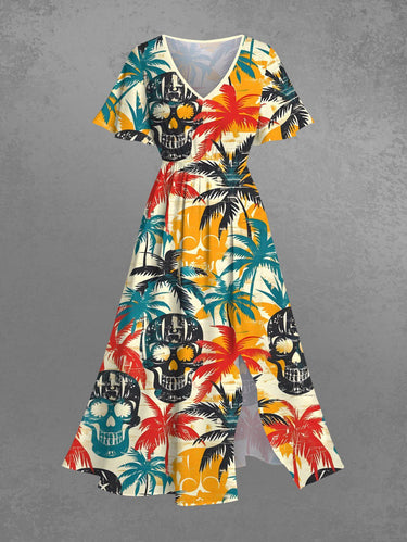 Gothic Plus Size Skull Coconut Tree Print Hawaii Split Pocket A Line Midi Dress