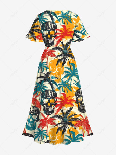 Gothic Plus Size Skull Coconut Tree Print Hawaii Split Pocket A Line Midi Dress