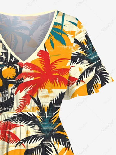 Gothic Plus Size Skull Coconut Tree Print Hawaii Split Pocket A Line Midi Dress