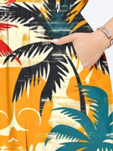 Gothic Plus Size Skull Coconut Tree Print Hawaii Split Pocket A Line Midi Dress