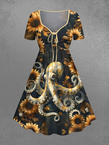 Gothic Plus Size Octopus Sunflower Print Cinched A Line Dress