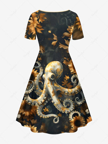 Gothic Plus Size Octopus Sunflower Print Cinched A Line Dress