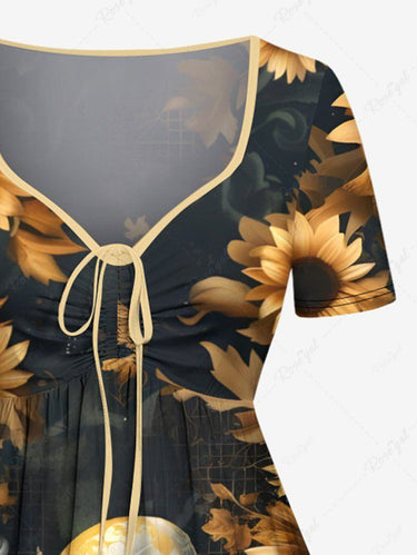 Gothic Plus Size Octopus Sunflower Print Cinched A Line Dress