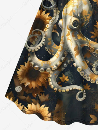 Gothic Plus Size Octopus Sunflower Print Cinched A Line Dress
