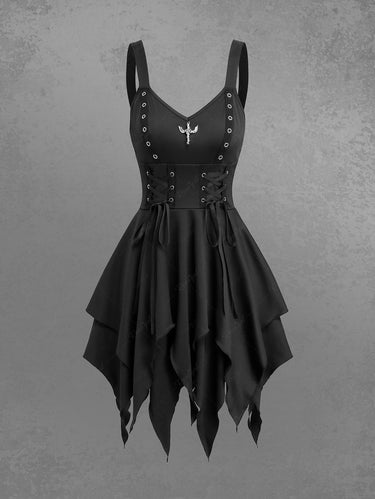 Gothic Lace Up Grommets Handkerchief Dress Black / L Gothic Lace Up Grommets Handkerchief Dress Black / L
