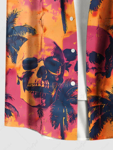 Gothic Plus Size Skull Coconut Tree Tie Dye Print Hawaii Button Pocket Shirt For Men