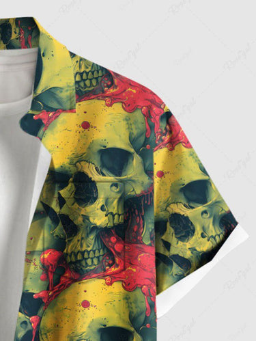 Gothic Plus Size Skull Brain Print Button Pocket Shirt For Men