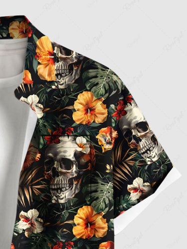 Gothic Plus Size Skull Tropical Leaf Hibiscus Flower Print Hawaii Button Pocket Shirt For Men