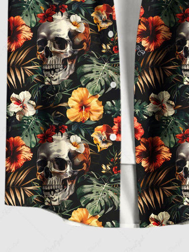 Gothic Plus Size Skull Tropical Leaf Hibiscus Flower Print Hawaii Button Pocket Shirt For Men