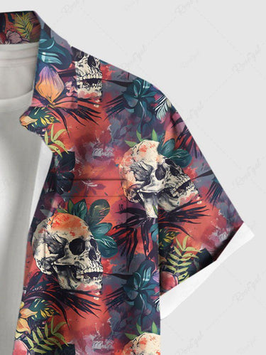 Gothic Plus Size Skull Tropical Leaf Hibiscus Flower Print Hawaii Ombre Button Pocket Shirt For Men