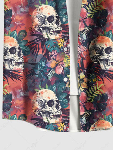 Gothic Plus Size Skull Tropical Leaf Hibiscus Flower Print Hawaii Ombre Button Pocket Shirt For Men