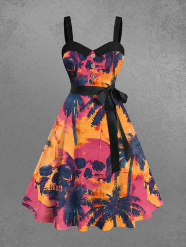 Gothic Plus Size Skull Coconut Tree Tie Dye Print Hawaii Button A Line Dress with Removable Belt