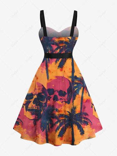Gothic Plus Size Skull Coconut Tree Tie Dye Print Hawaii Button A Line Dress with Removable Belt