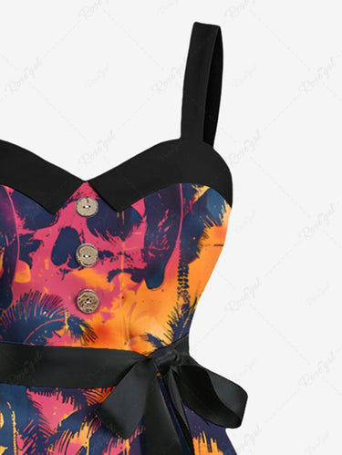 Gothic Plus Size Skull Coconut Tree Tie Dye Print Hawaii Button A Line Dress with Removable Belt