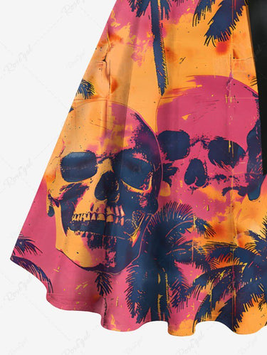 Gothic Plus Size Skull Coconut Tree Tie Dye Print Hawaii Button A Line Dress with Removable Belt