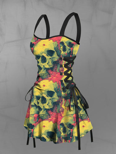Gothic Skull Brain Print Lace Up A Line Tank Dress