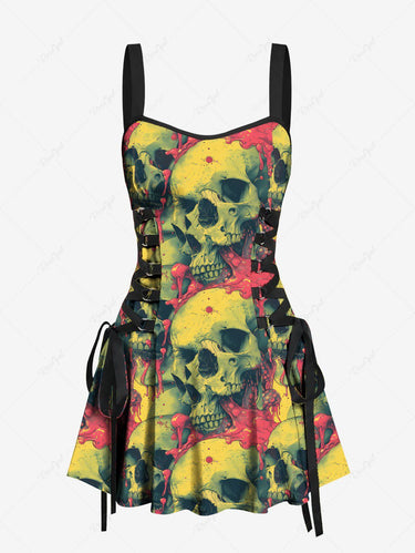 Gothic Skull Brain Print Lace Up A Line Tank Dress