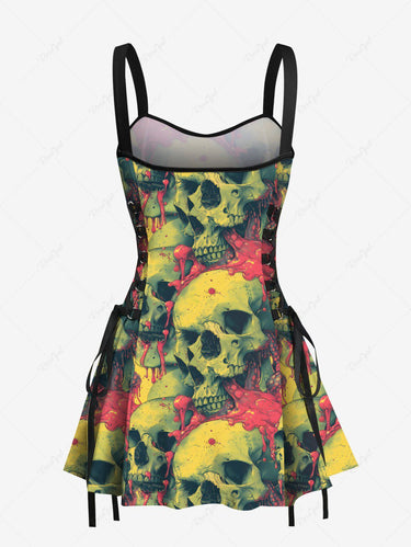 Gothic Skull Brain Print Lace Up A Line Tank Dress