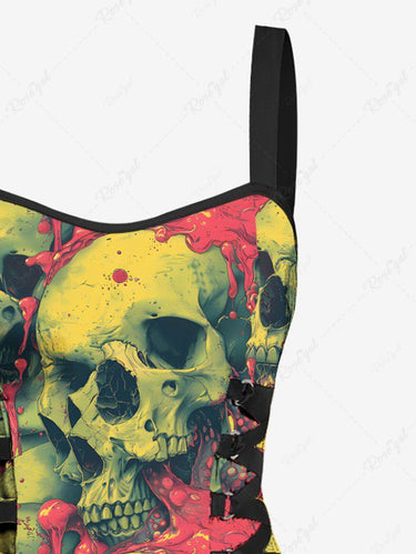 Gothic Skull Brain Print Lace Up A Line Tank Dress