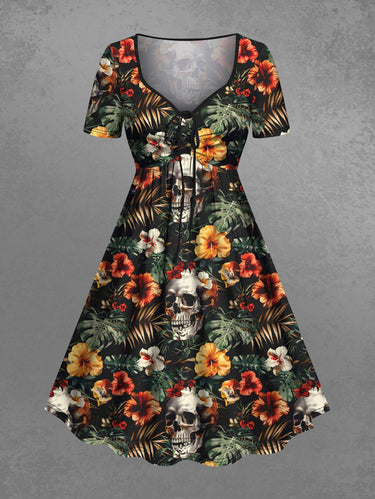 Gothic Plus Size Skull Tropical Leaf Hibiscus Flower Print Hawaii Cinched A Line Dress