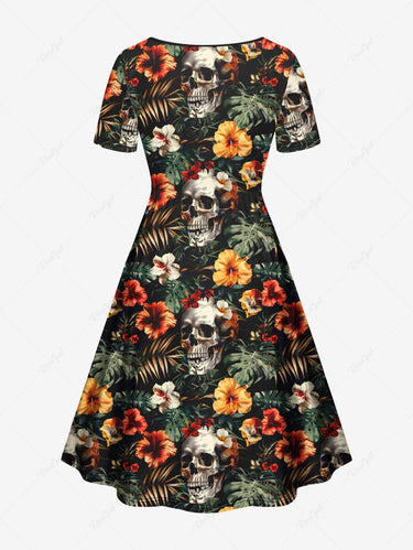 Gothic Plus Size Skull Tropical Leaf Hibiscus Flower Print Hawaii Cinched A Line Dress