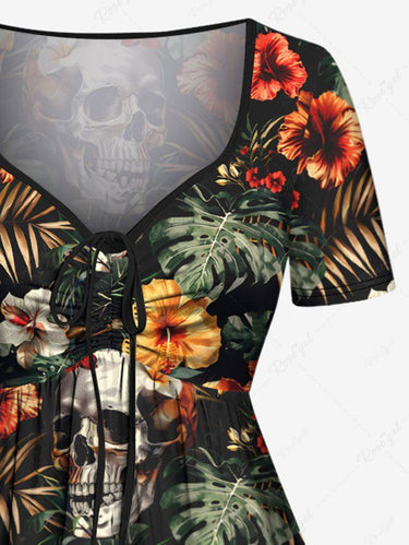 Gothic Plus Size Skull Tropical Leaf Hibiscus Flower Print Hawaii Cinched A Line Dress