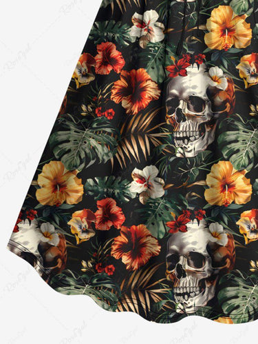 Gothic Plus Size Skull Tropical Leaf Hibiscus Flower Print Hawaii Cinched A Line Dress