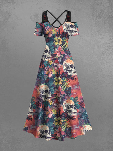 Gothic Plus Size Skull Tropical Leaf Hibiscus Flower Print Hawaii Ombre Cold Shoulder Crisscross A Line Maxi Dress