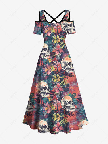 Gothic Plus Size Skull Tropical Leaf Hibiscus Flower Print Hawaii Ombre Cold Shoulder Crisscross A Line Maxi Dress