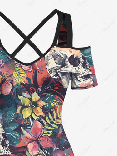 Gothic Plus Size Skull Tropical Leaf Hibiscus Flower Print Hawaii Ombre Cold Shoulder Crisscross A Line Maxi Dress