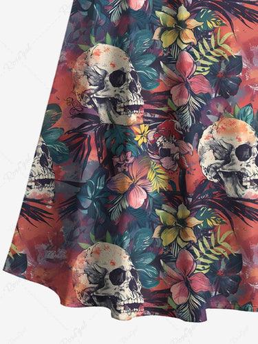 Gothic Plus Size Skull Tropical Leaf Hibiscus Flower Print Hawaii Ombre Cold Shoulder Crisscross A Line Maxi Dress
