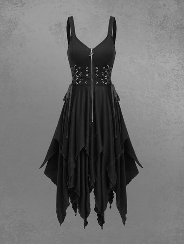 Gothic Lace Up Zipper Grommets Handkerchief Dress