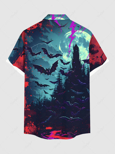 Gothic Plus Size Bat Castle Moon Ombre Galaxy Print Halloween Button Pocket Shirt For Men