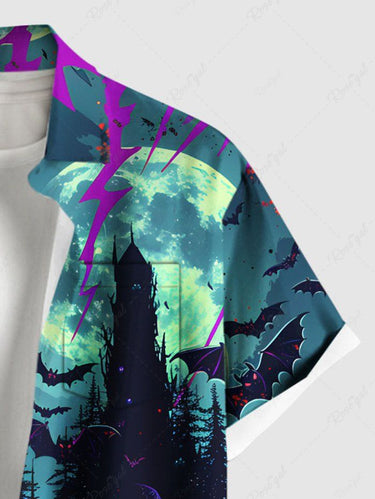 Gothic Plus Size Bat Castle Moon Ombre Galaxy Print Halloween Button Pocket Shirt For Men