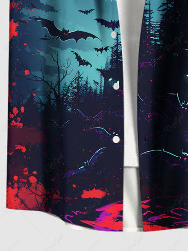 Gothic Plus Size Bat Castle Moon Ombre Galaxy Print Halloween Button Pocket Shirt For Men