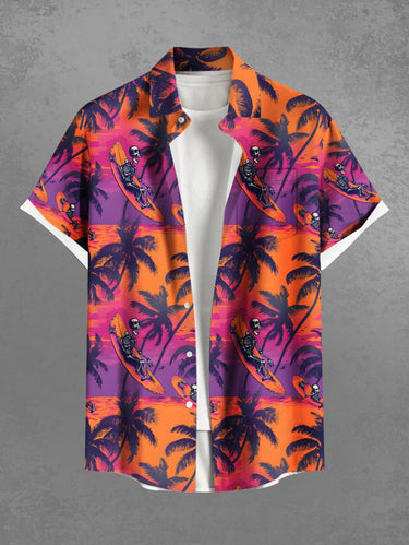 Gothic Plus Size Coconut Tree Skeleton Sea Print Hawaii Button Pocket Shirt For Men