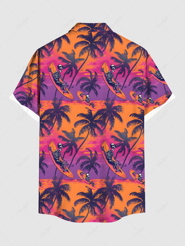Gothic Plus Size Coconut Tree Skeleton Sea Print Hawaii Button Pocket Shirt For Men