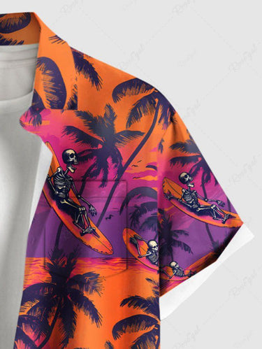 Gothic Plus Size Coconut Tree Skeleton Sea Print Hawaii Button Pocket Shirt For Men