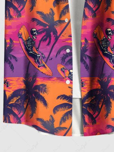 Gothic Plus Size Coconut Tree Skeleton Sea Print Hawaii Button Pocket Shirt For Men